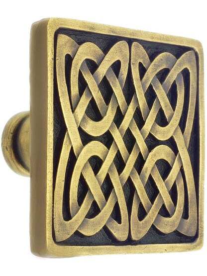 Celtic Isles Square Knob - 1 3/8 inch x 1 3/8 inch in Antique Brass.